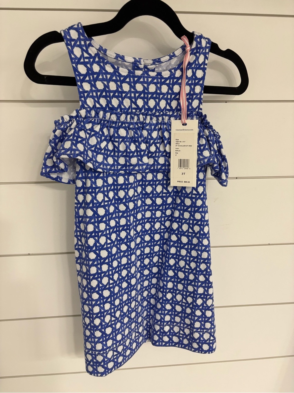 Vineyard Vines Blue and White Cold-Shoulder Ruffle Dress